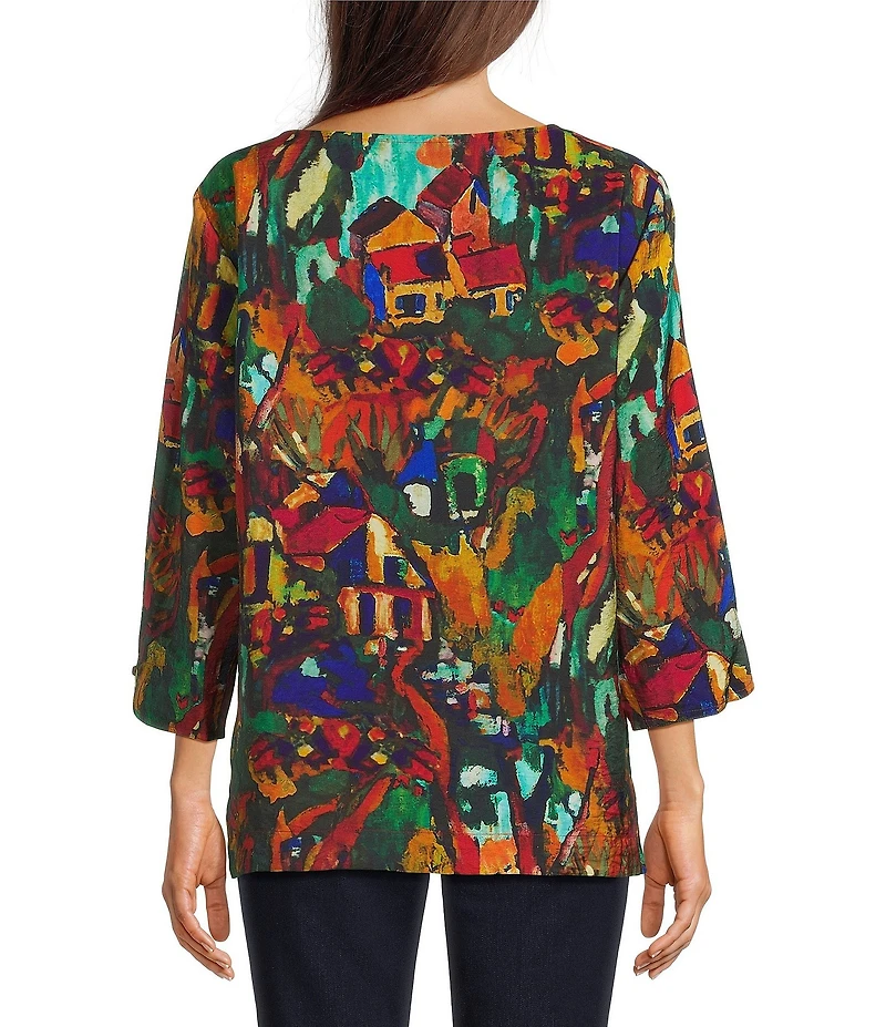 Ali Miles Woven Abstract Multi Print Round Neck 3/4 Sleeve Pullover Top