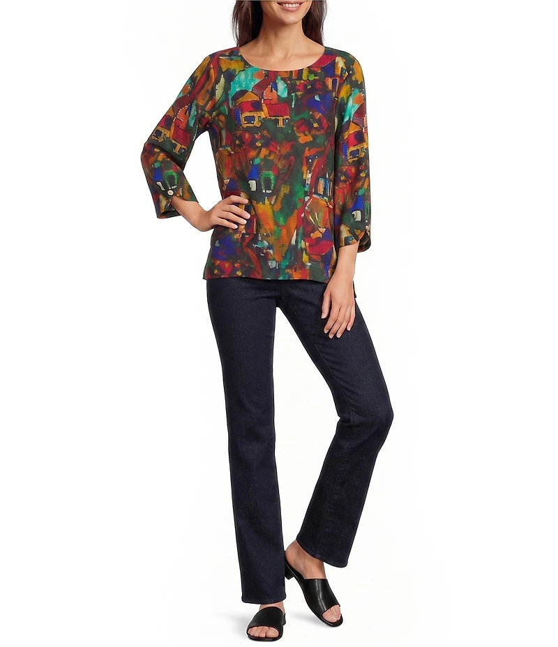 Ali Miles Woven Abstract Multi Print Round Neck 3/4 Sleeve Pullover Top