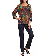 Ali Miles Woven Abstract Multi Print Round Neck 3/4 Sleeve Pullover Top