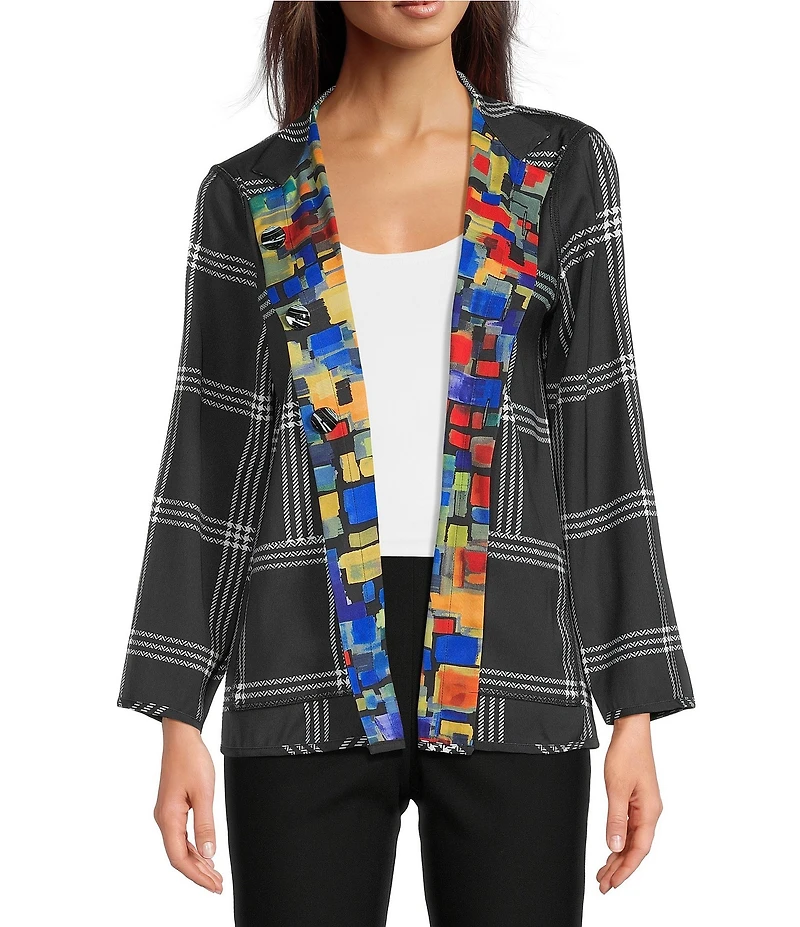 Ali Miles Woven Abstract Multi Print Stand Collar Long Sleeve Reversible Jacket