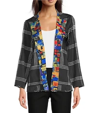 Ali Miles Woven Abstract Multi Print Stand Collar Long Sleeve Reversible Jacket