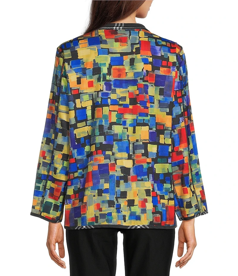 Ali Miles Woven Abstract Multi Print Stand Collar Long Sleeve Reversible Jacket