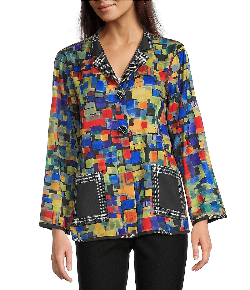 Ali Miles Woven Abstract Multi Print Stand Collar Long Sleeve Reversible Jacket