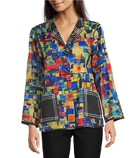Ali Miles Woven Abstract Multi Print Stand Collar Long Sleeve Reversible Jacket