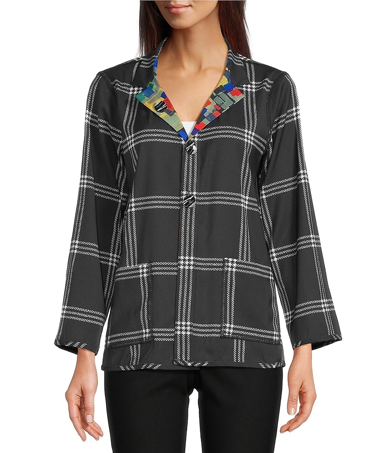Ali Miles Woven Abstract Multi Print Stand Collar Long Sleeve Reversible Jacket
