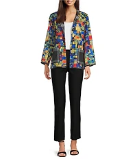 Ali Miles Woven Abstract Multi Print Stand Collar Long Sleeve Reversible Jacket