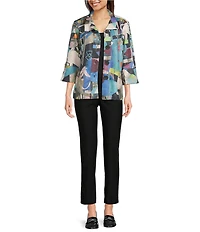 Ali Miles Woven Abstract Multi Wire Collar 3/4 Sleeve Button Front Jacket