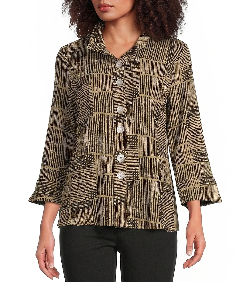 Ali Miles Woven Abstract Print Crinkle Woven Point Neck 3/4 Sleeve Button Front Tunic