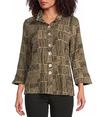 Ali Miles Woven Abstract Print Crinkle Woven Point Neck 3/4 Sleeve Button Front Tunic