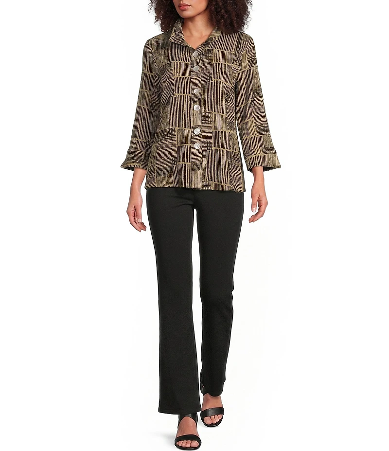 Ali Miles Woven Abstract Print Crinkle Woven Point Neck 3/4 Sleeve Button Front Tunic