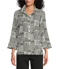 Ali Miles Woven Abstract Print Crinkle Woven Point Neck 3/4 Sleeve Button Front Tunic