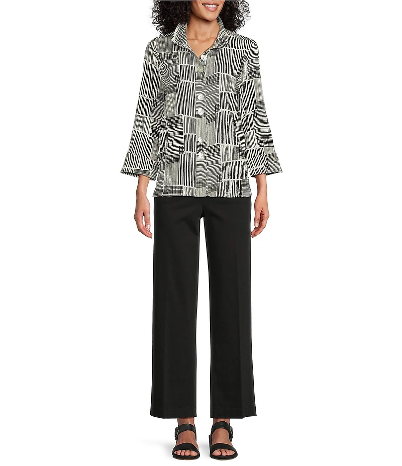 Ali Miles Woven Abstract Print Crinkle Woven Point Neck 3/4 Sleeve Button Front Tunic