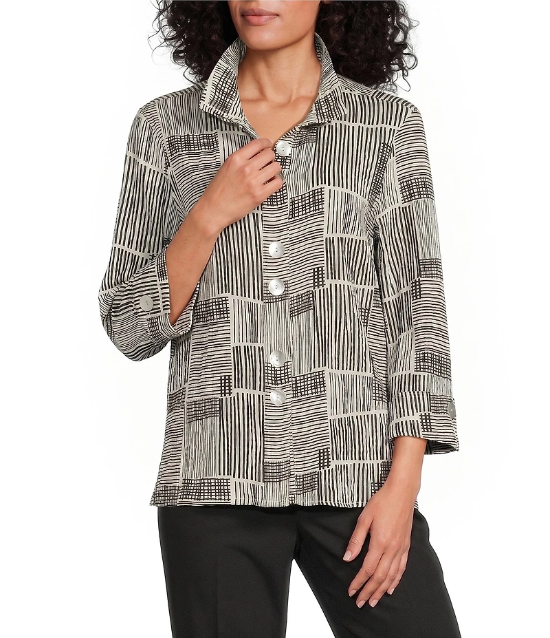 Ali Miles Woven Abstract Print Crinkle Woven Point Neck 3/4 Sleeve Button Front Tunic
