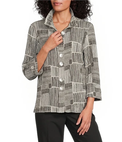 Ali Miles Woven Abstract Print Crinkle Woven Point Neck 3/4 Sleeve Button Front Tunic