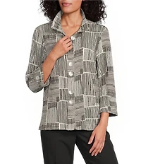 Ali Miles Woven Abstract Print Crinkle Woven Point Neck 3/4 Sleeve Button Front Tunic