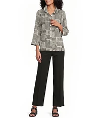 Ali Miles Woven Abstract Print Crinkle Woven Point Neck 3/4 Sleeve Button Front Tunic