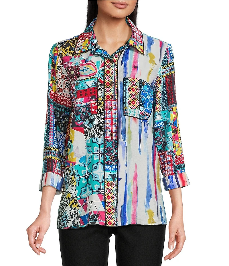 Ali Miles Woven Abstract Print Point Collar 3/4 Cuff Sleeve Button-Front Tunic