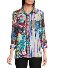 Ali Miles Woven Abstract Print Point Collar 3/4 Cuff Sleeve Button-Front Tunic