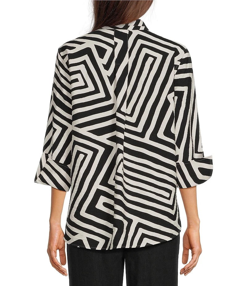 Ali Miles Woven Abstract Print Point Collar 3/4 Sleeve Shirt