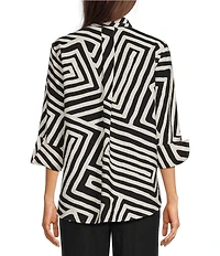 Ali Miles Woven Abstract Print Point Collar 3/4 Sleeve Shirt