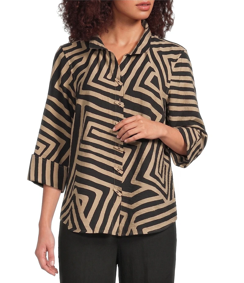 Ali Miles Woven Abstract Print Point Collar 3/4 Sleeve Shirt