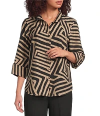 Ali Miles Woven Abstract Print Point Collar 3/4 Sleeve Shirt