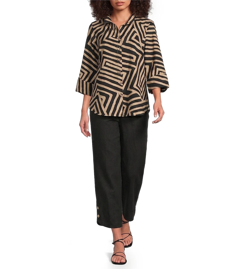 Ali Miles Woven Abstract Print Point Collar 3/4 Sleeve Shirt