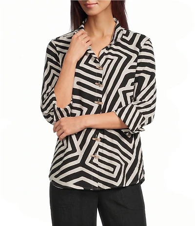 Ali Miles Woven Abstract Print Point Collar 3/4 Sleeve Shirt