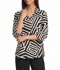 Ali Miles Woven Abstract Print Point Collar 3/4 Sleeve Shirt