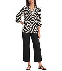 Ali Miles Woven Abstract Geometric Printed Point Collar 3/4 Sleeve Shirt