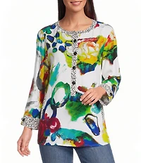 Ali Miles Woven Abstract Round Neck 3/4 Cuffed Sleeve Blouse
