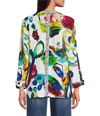 Ali Miles Woven Abstract Round Neck 3/4 Cuffed Sleeve Blouse