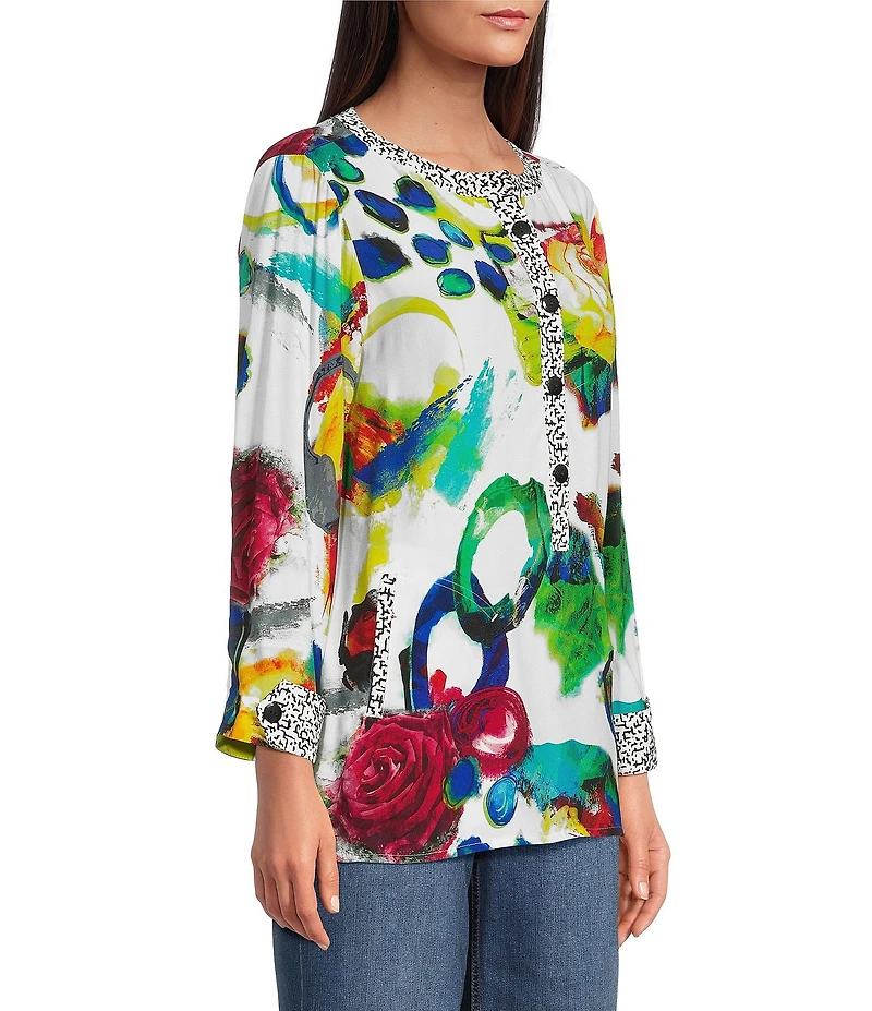 Ali Miles Woven Abstract Round Neck 3/4 Cuffed Sleeve Blouse
