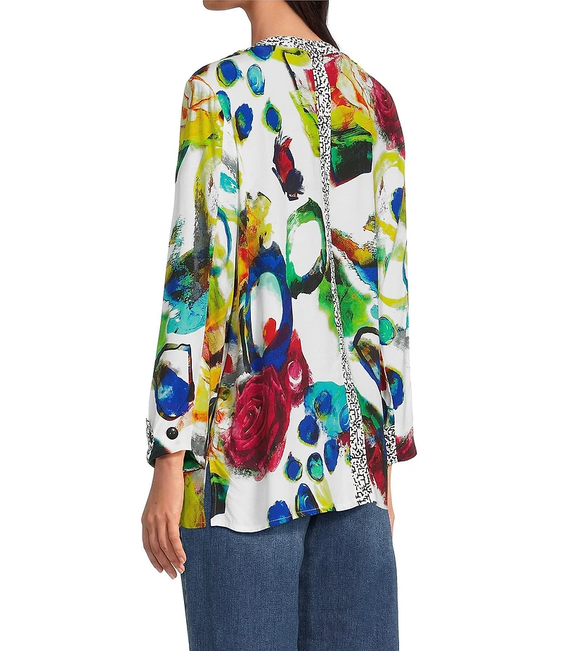 Ali Miles Woven Abstract Round Neck 3/4 Cuffed Sleeve Blouse