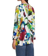 Ali Miles Woven Abstract Round Neck 3/4 Cuffed Sleeve Blouse