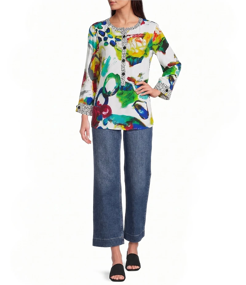 Ali Miles Woven Abstract Round Neck 3/4 Cuffed Sleeve Blouse