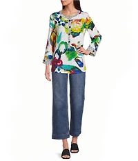 Ali Miles Woven Abstract Round Neck 3/4 Cuffed Sleeve Blouse