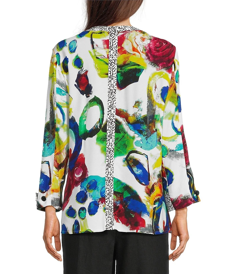 Ali Miles Woven Abstract Round Neck 3/4 Cuffed Sleeve Blouse