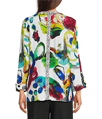 Ali Miles Woven Abstract Round Neck 3/4 Cuffed Sleeve Blouse