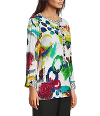 Ali Miles Woven Abstract Round Neck 3/4 Cuffed Sleeve Blouse