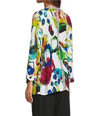 Ali Miles Woven Abstract Round Neck 3/4 Cuffed Sleeve Blouse