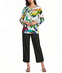 Ali Miles Woven Abstract Round Neck 3/4 Cuffed Sleeve Blouse