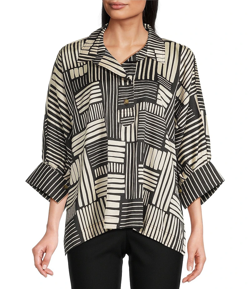 Ali Miles Woven Abstract Stripe Square Print Point Collar 3/4 Dolman Cuff Sleeve Tunic