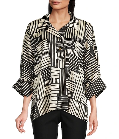 Ali Miles Woven Abstract Stripe Square Print Point Collar 3/4 Dolman Cuff Sleeve Tunic