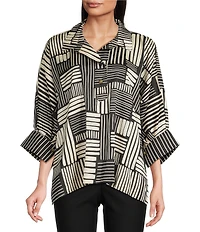 Ali Miles Woven Abstract Stripe Square Print Point Collar 3/4 Dolman Cuff Sleeve Tunic