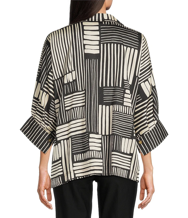 Ali Miles Woven Abstract Stripe Square Print Point Collar 3/4 Dolman Cuff Sleeve Tunic