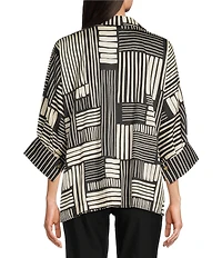 Ali Miles Woven Abstract Stripe Square Print Point Collar 3/4 Dolman Cuff Sleeve Tunic