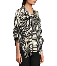 Ali Miles Woven Abstract Stripe Square Print Point Collar 3/4 Dolman Cuff Sleeve Tunic