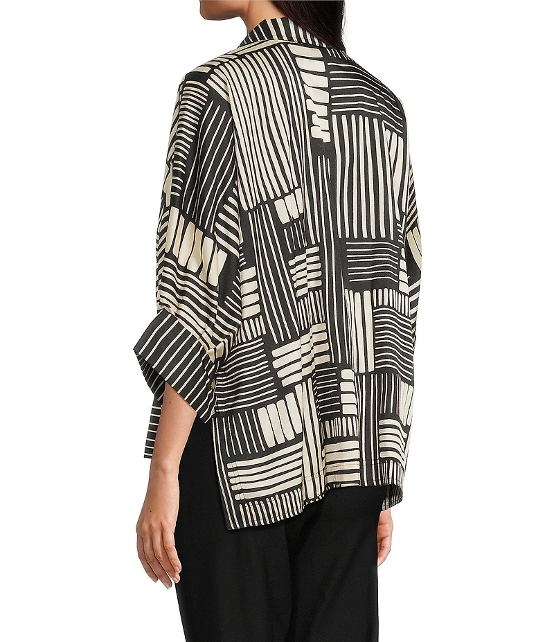 Ali Miles Woven Abstract Stripe Square Print Point Collar 3/4 Dolman Cuff Sleeve Tunic