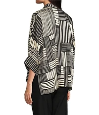 Ali Miles Woven Abstract Stripe Square Print Point Collar 3/4 Dolman Cuff Sleeve Tunic